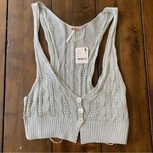 Free People Women's Light Green Knit Button-Down Tank Crop Top Size M $78 MSRP